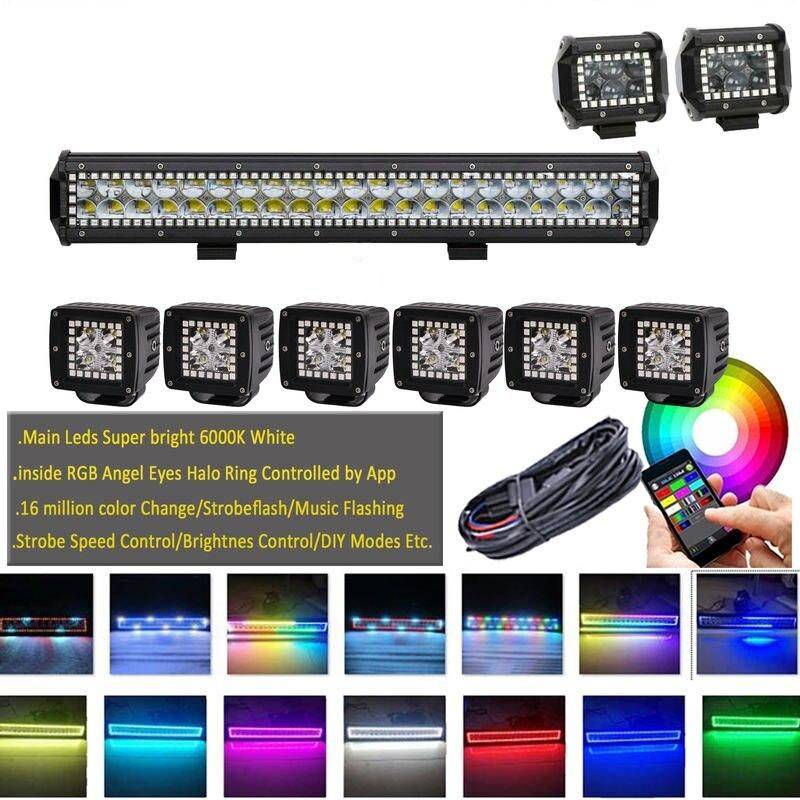 20-inch LED Light Bar + 6x 3-inch Spotlights + 2x 4-inch Fog Lamps with RGB Halo and App Control Car Electronics 20-inch LED Light Bar + 6x 3-inch Spotlights + 2x 4-inch Fog Lamps with RGB Halo and App Control Car Electronics
