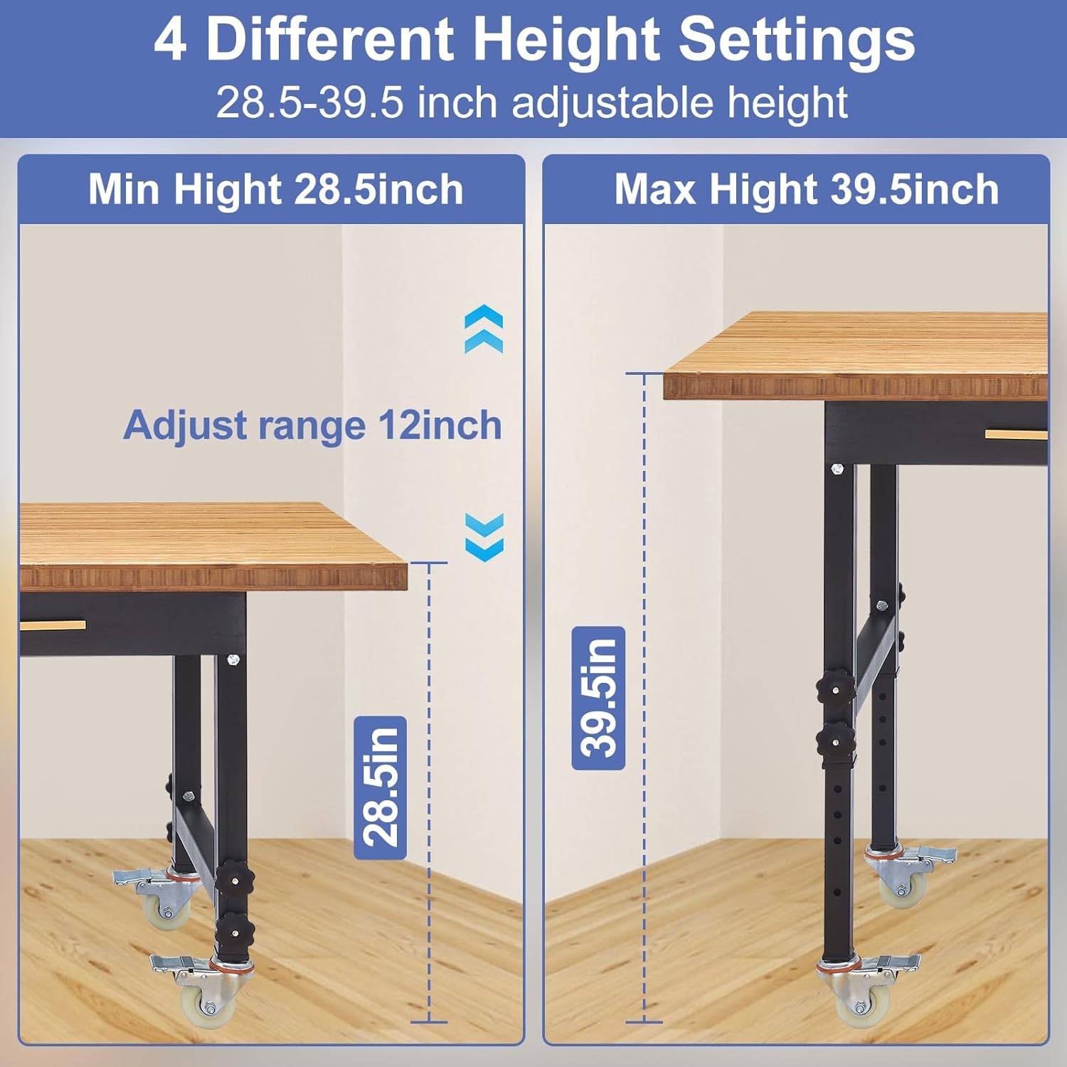 Adjustable Height Garage Workbench with Drawer and Power Outlet on Wheels, 59″ x 23.6″ Car Storage & Organization Adjustable Height Garage Workbench with Drawer and Power Outlet on Wheels, 59