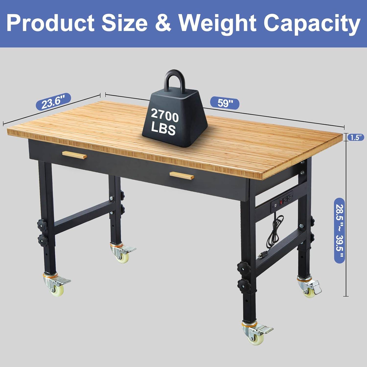 Adjustable Height Garage Workbench with Drawer and Power Outlet on Wheels, 59″ x 23.6″ Car Storage & Organization Adjustable Height Garage Workbench with Drawer and Power Outlet on Wheels, 59