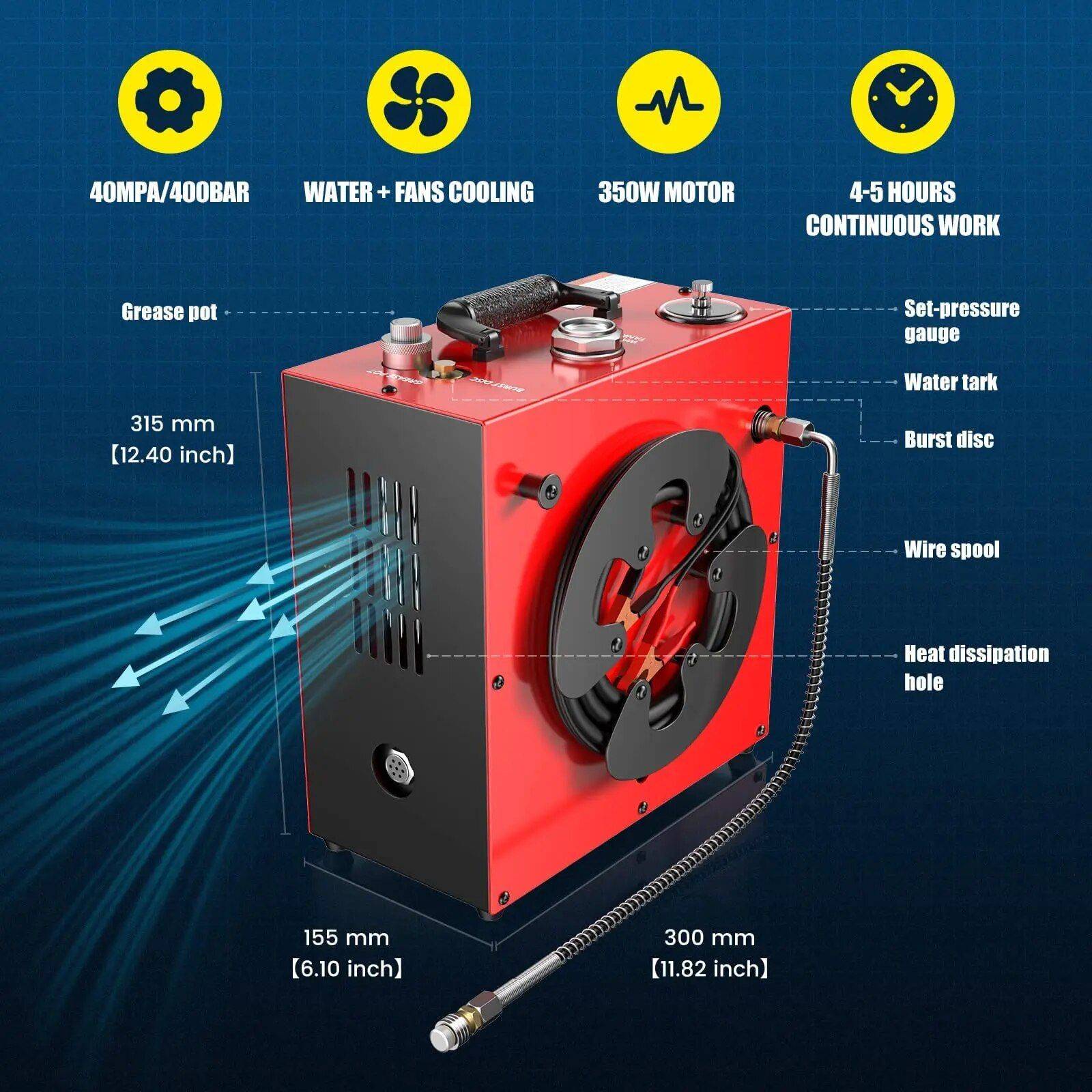 High-Pressure Portable PCP Air Compressor with Water and Fans Cooling - 5800Psi/40Mpa, 350W Motor, Auto Stop Car Electronics Model : GX-E-CS4 