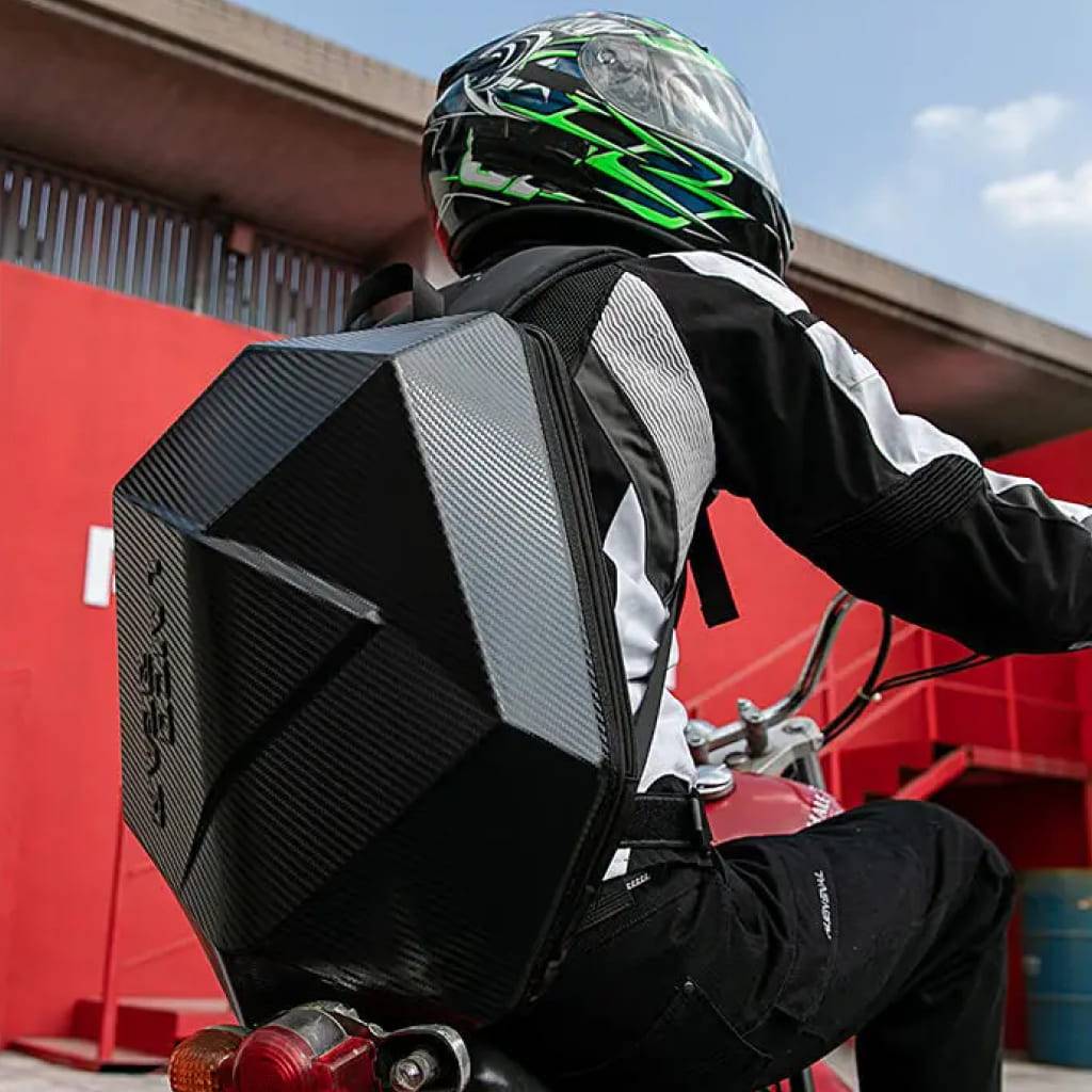 Multi-Purpose Motorcycle Backpack: Hard Shell, High Capacity, Unisex Design Motorcycle & ATV Gear Model : Carbon Grain|Black Carbon Fiber|Obsidian Black Multi-Purpose Motorcycle Backpack: Hard Shell, High Capacity, Unisex Design Motorcycle & ATV Gear Model : Carbon Grain|Black Carbon Fiber|Obsidian Black